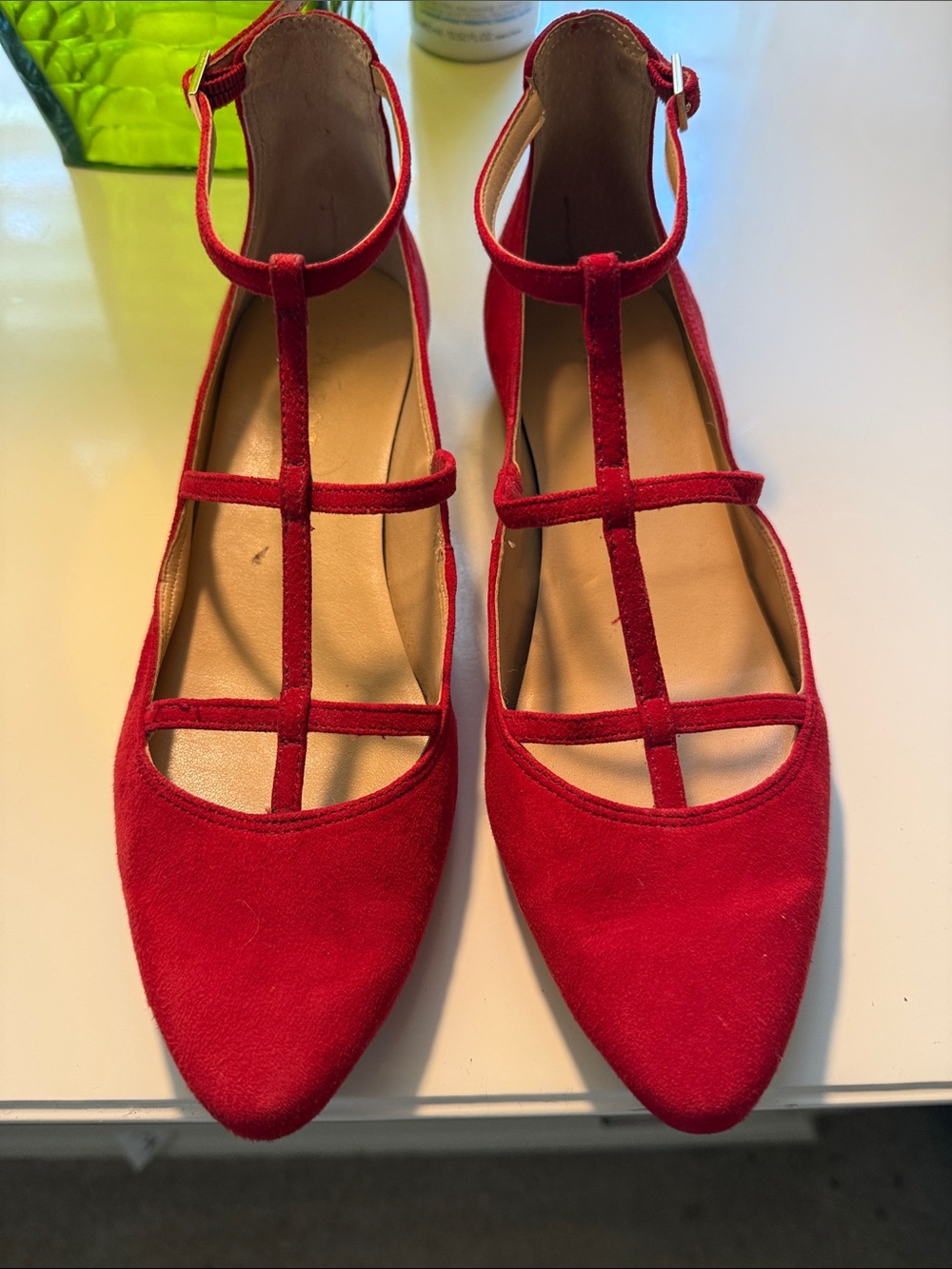 Talbots Red Suede T-Strap Pointed Flats